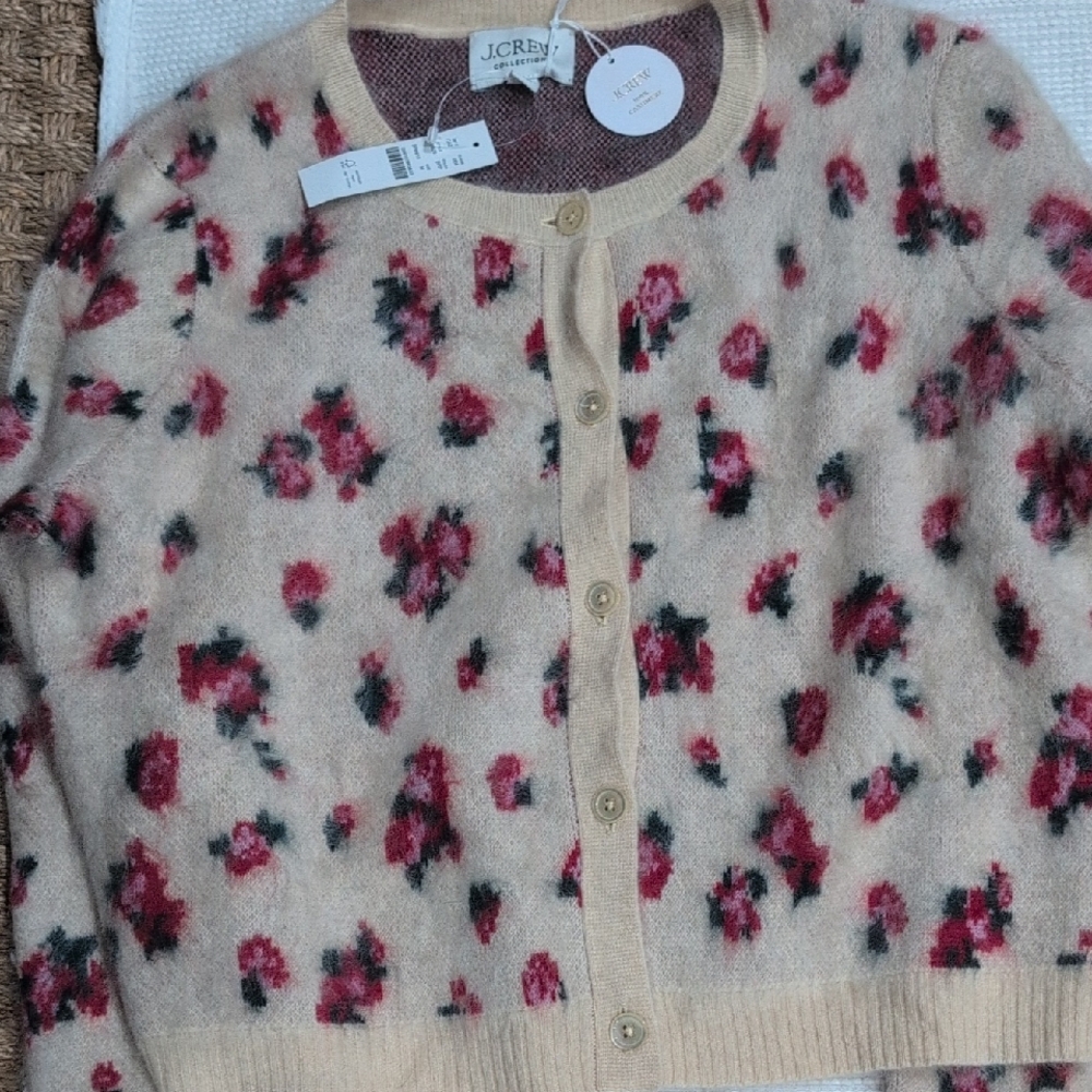 J. Crew Women's Floral Cardigan - Cream and Red Brushed Cashmere